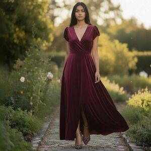 See and Be Seen Burgundy Velvet Wrap Long Dress Flutter Sleeve Whimsigoth Medium
